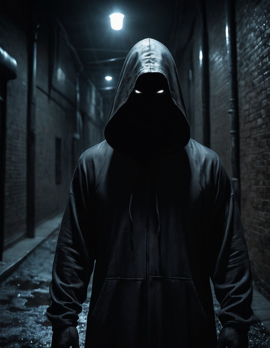 dark figure, mysterious, hooded, alleyway, sinister, gothic, underground, dark