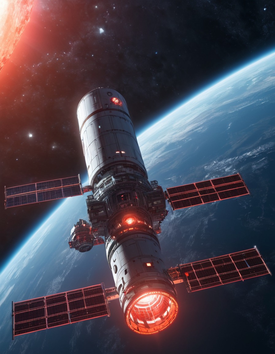 space station, orbiting, mysterious, glowing red star, space scene, exploration, mystery