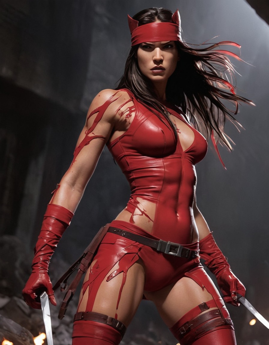 elektra, marvel comics, superhero, action shot, battle aftermath, confident stance