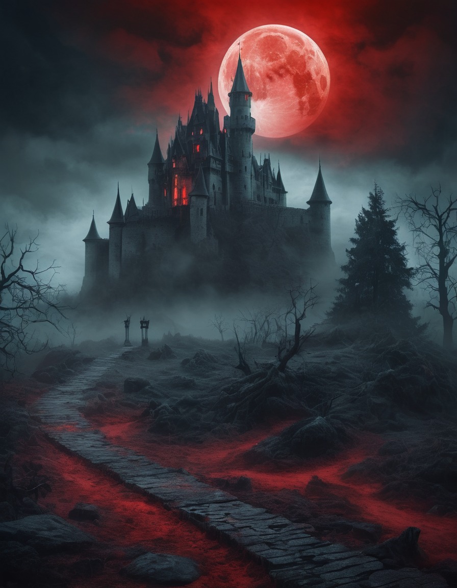 haunted castle, mist, blood-red moon, spooky, gothic, underground, dark