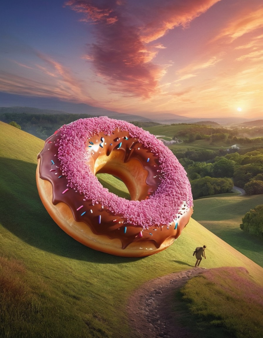 giant donut, hill, rolling, strange, food, unexpected, surreal