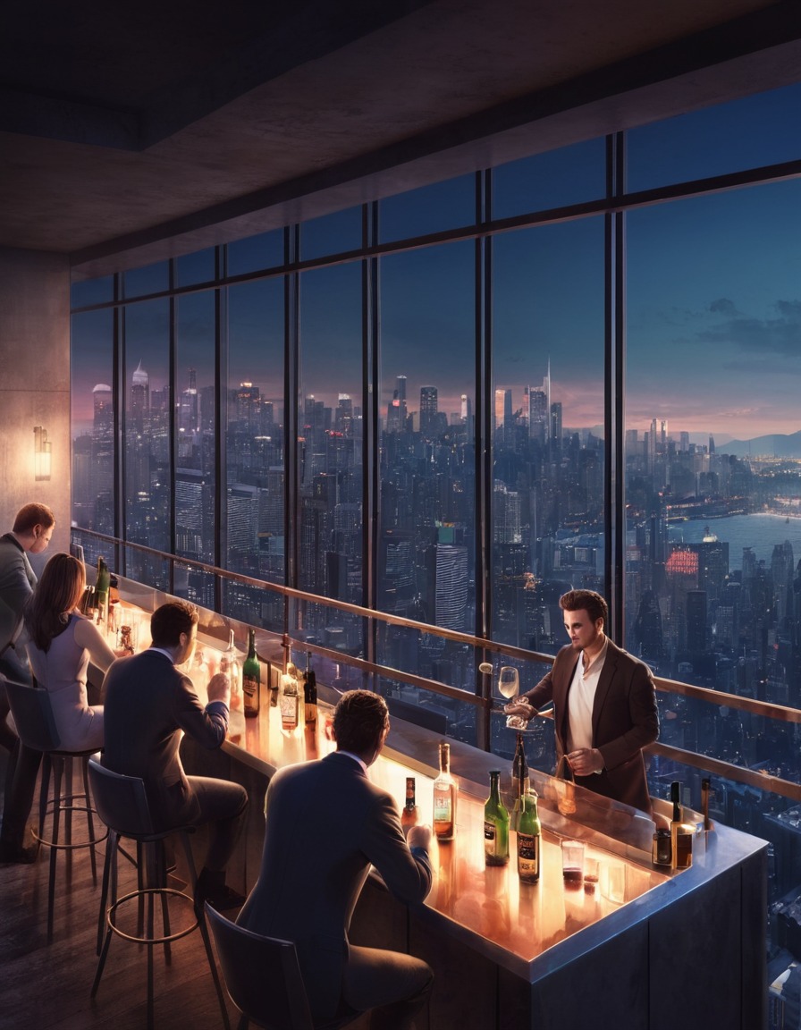 People enjoying a rooftop bar with a panoramic view of the city below ...