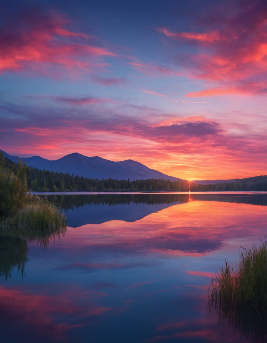 nature, sunset, lake, reflection, serene