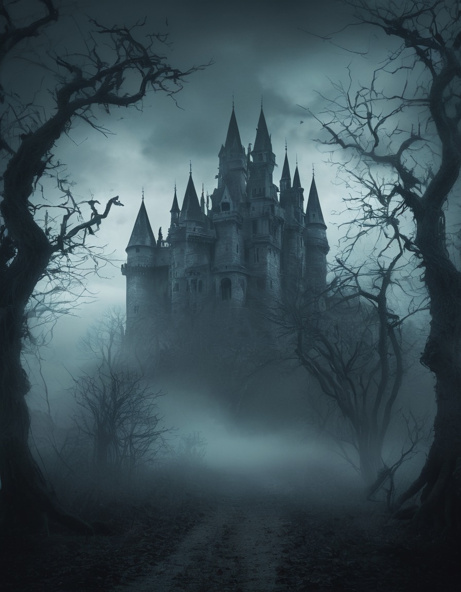 castle, mist, spooky, haunted, trees, gothic, underground, dark