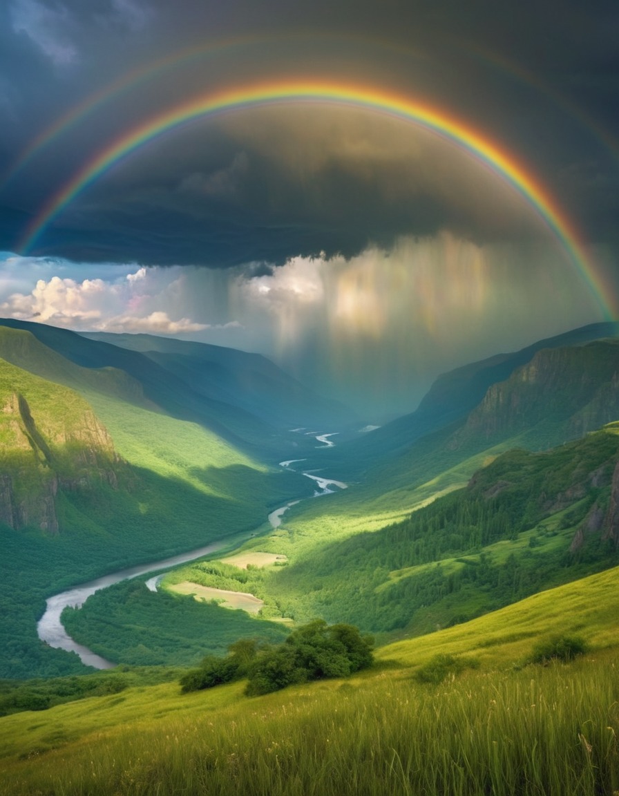 nature, rainbow, sky, storm, valley