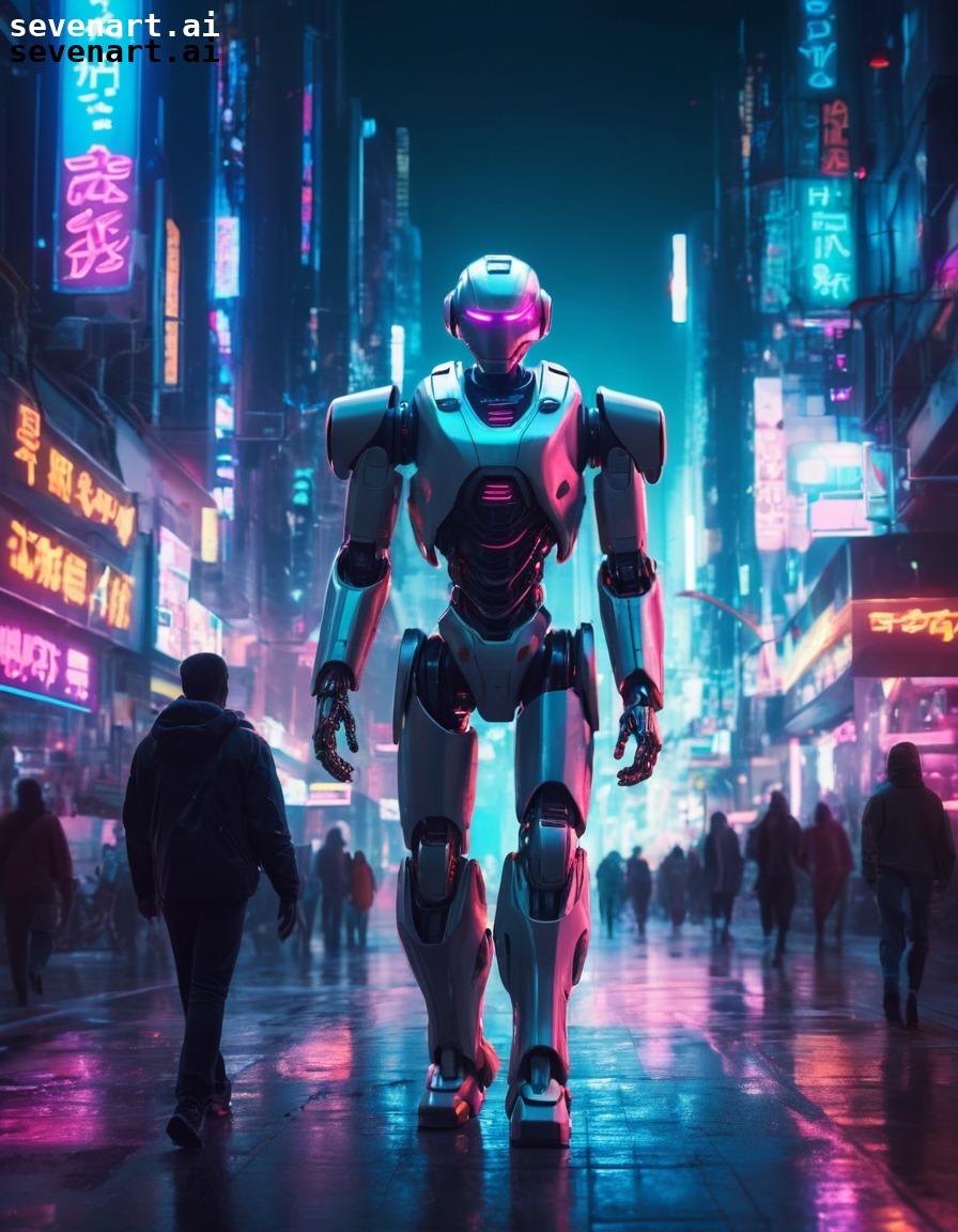 futuristic, robot, cityscape, neon lights, technology, robots