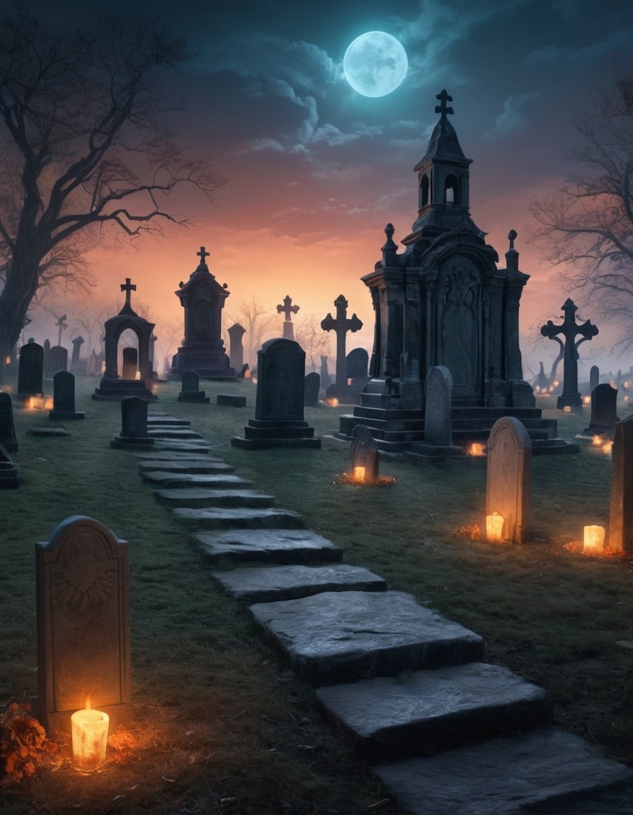 haunted graveyard, ghostly apparitions, fantasy scene, spooky atmosphere, supernatural entities, eerie setting