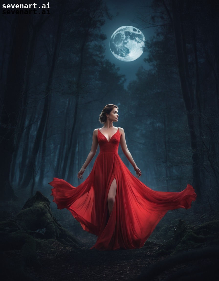 woman, red dress, seductive, moonlit, forest