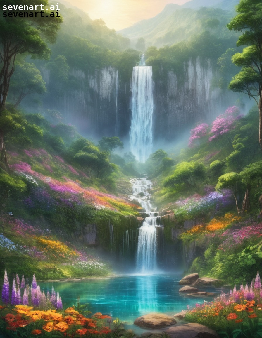 waterfall, nature, forest, wildflowers, tranquility