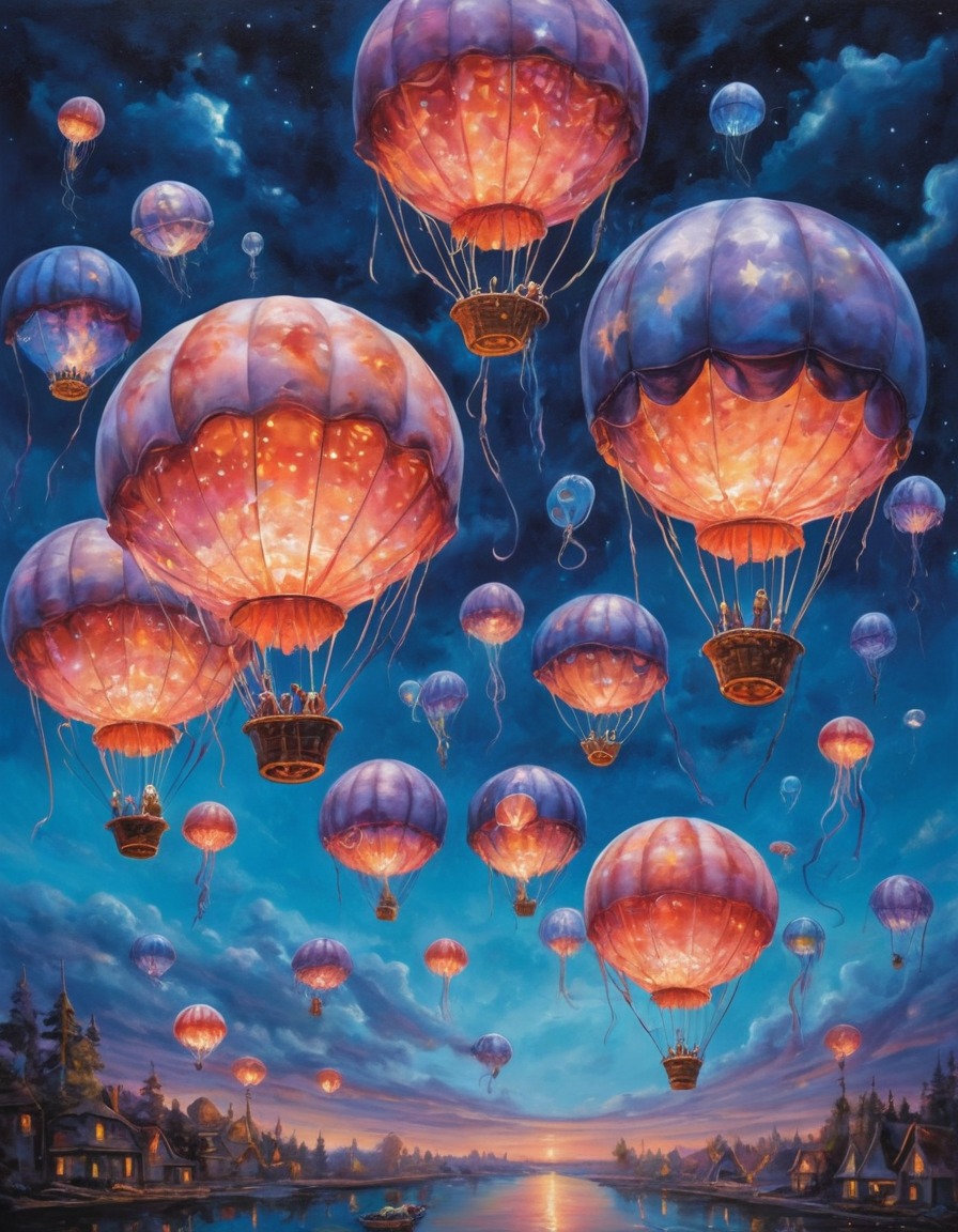 jellyfish, hot air balloons, transformation, fantasy, surreal, night sky