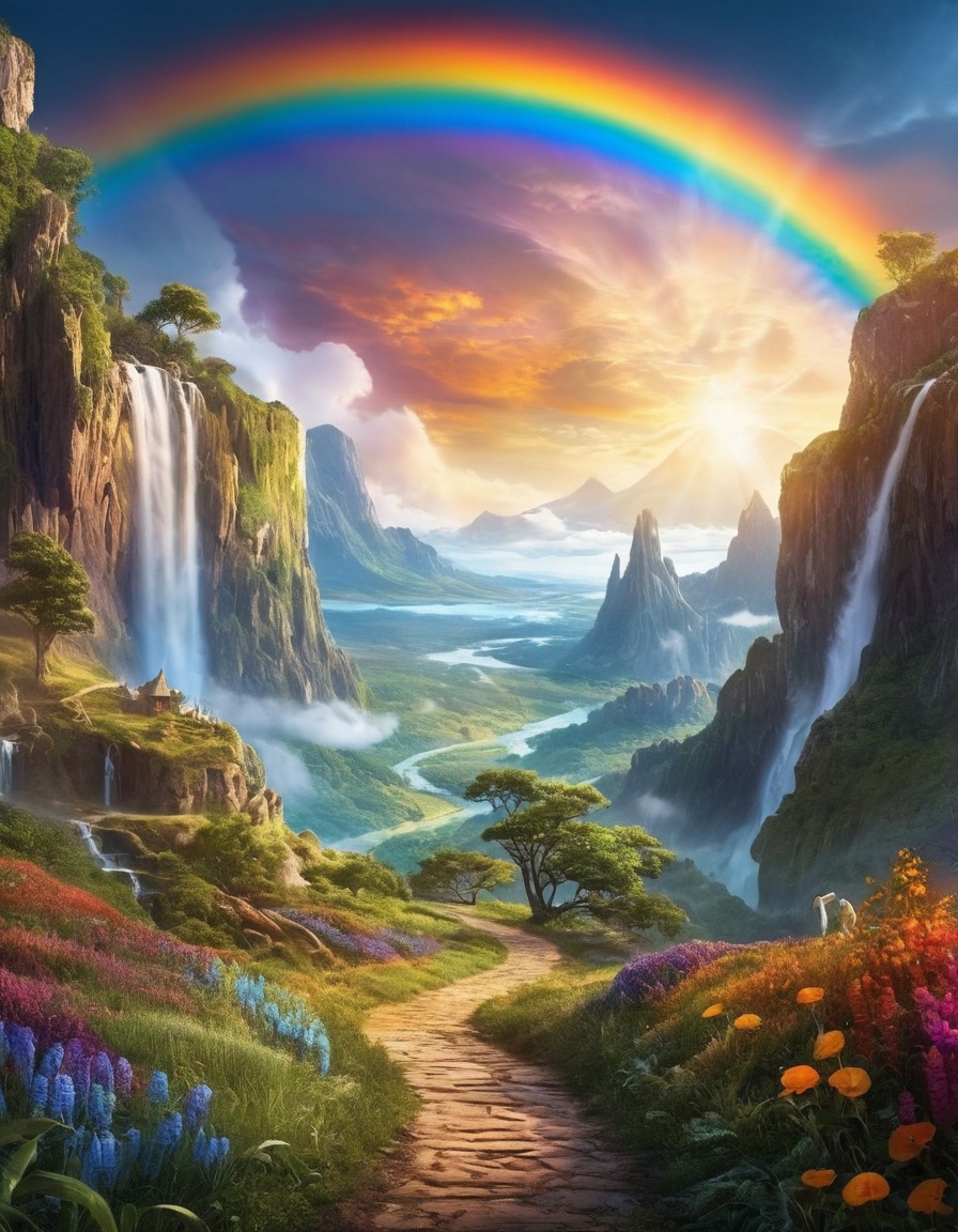 enchanted rainbow, hidden realm, wonders, magical, fantasy scene