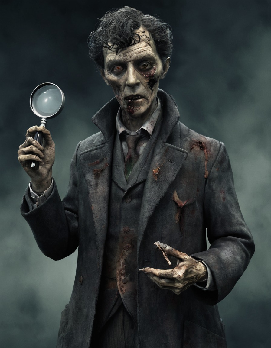 sherlock holmes, zombie, detective, magnifying glass, decayed, tattered clothes