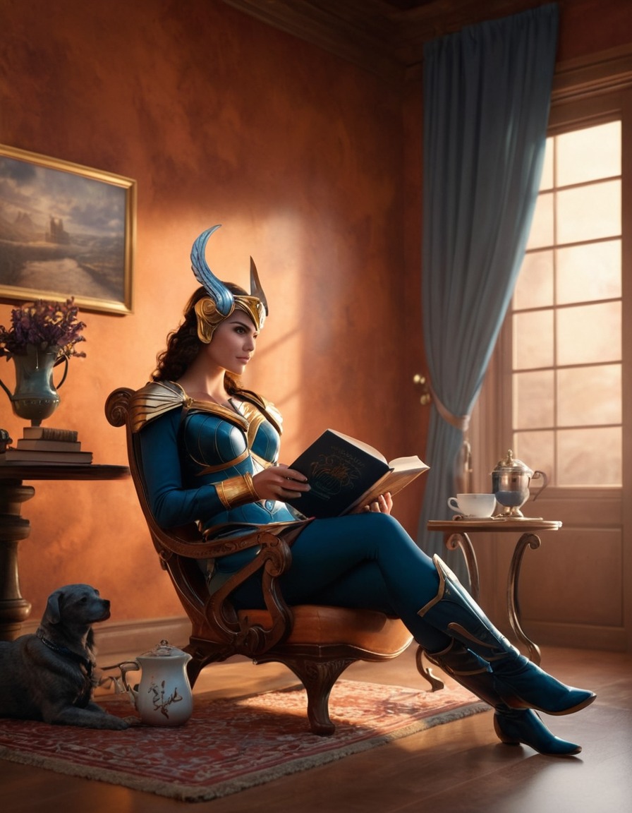 valkyrie, norse mythology, warrior, relaxation, coffee, book, superhero, superheroine, bikini