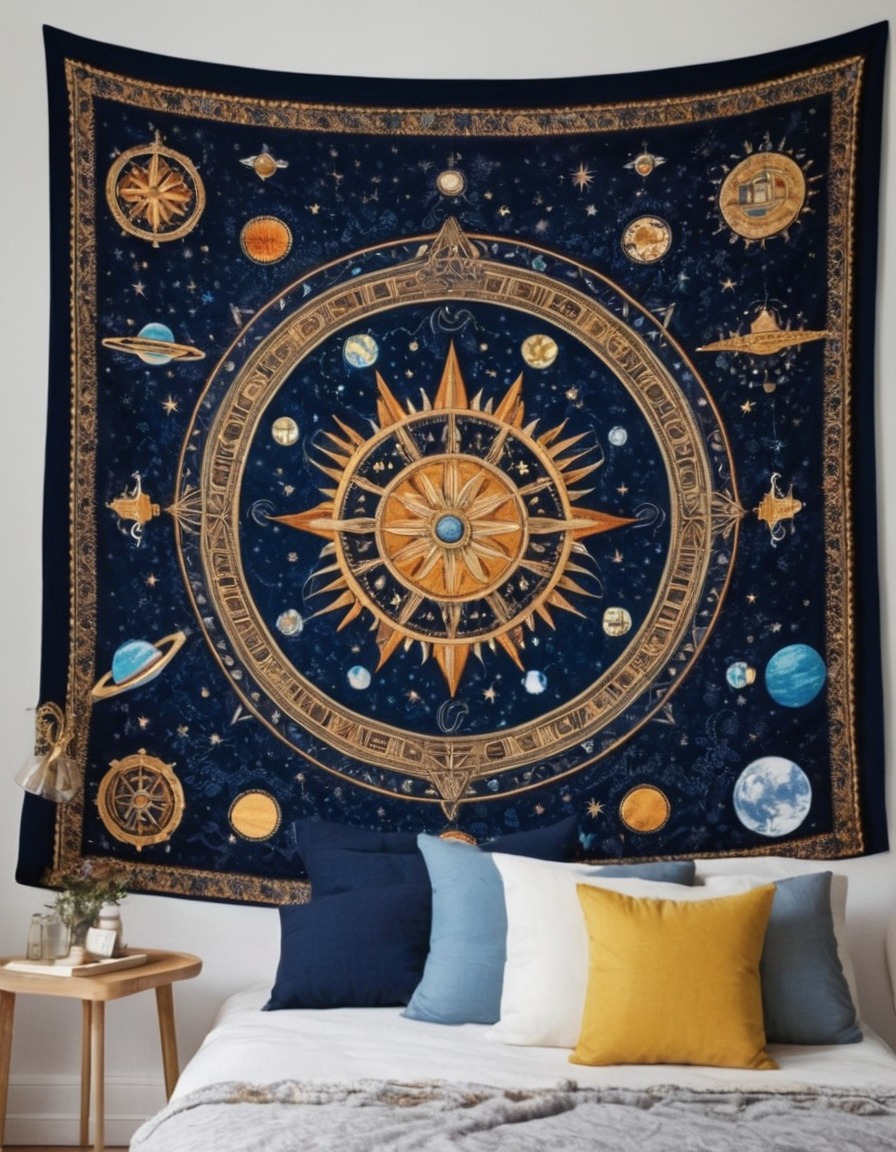 space exploration, tapestry art, medieval style, modern technology, medieval, art