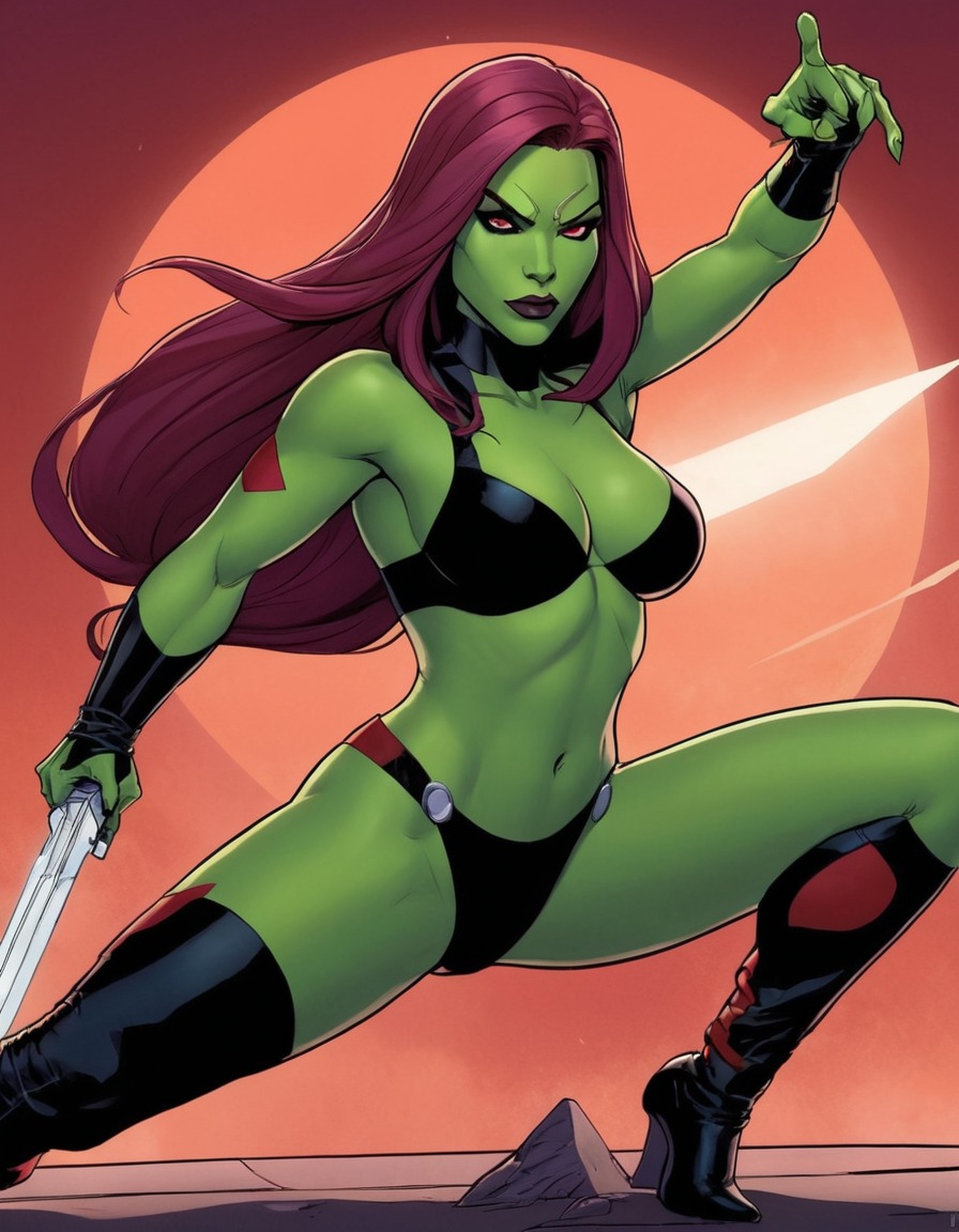 gamora, marvel, superhero, warrior, seductive, battle-ready, illustration, sexy, painted