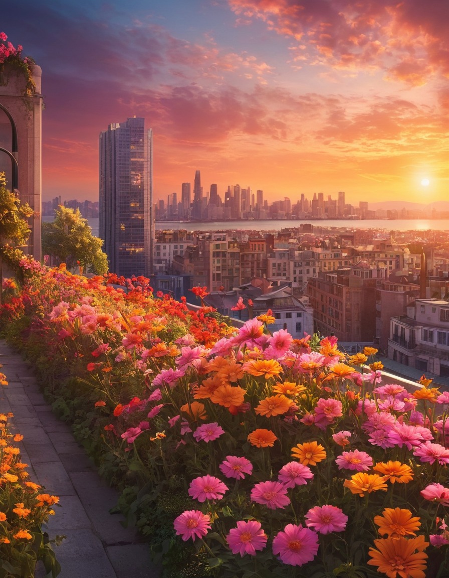 cityscape, sunset, colorful, flowers, nature, city