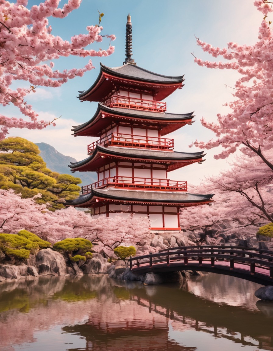 japanese culture, pagoda, cherry blossoms, traditional architecture, spring