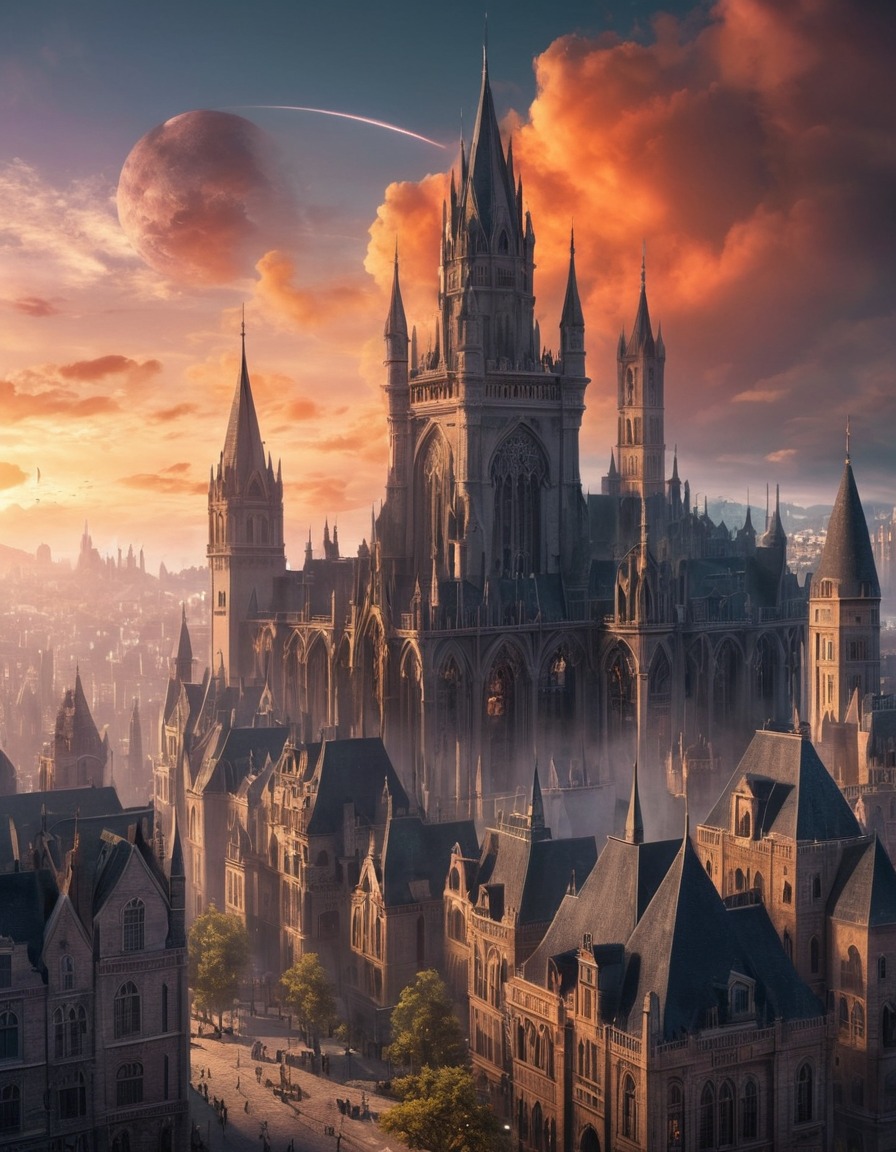 fantasy, cityscape, gothic architecture, illustration, architecture