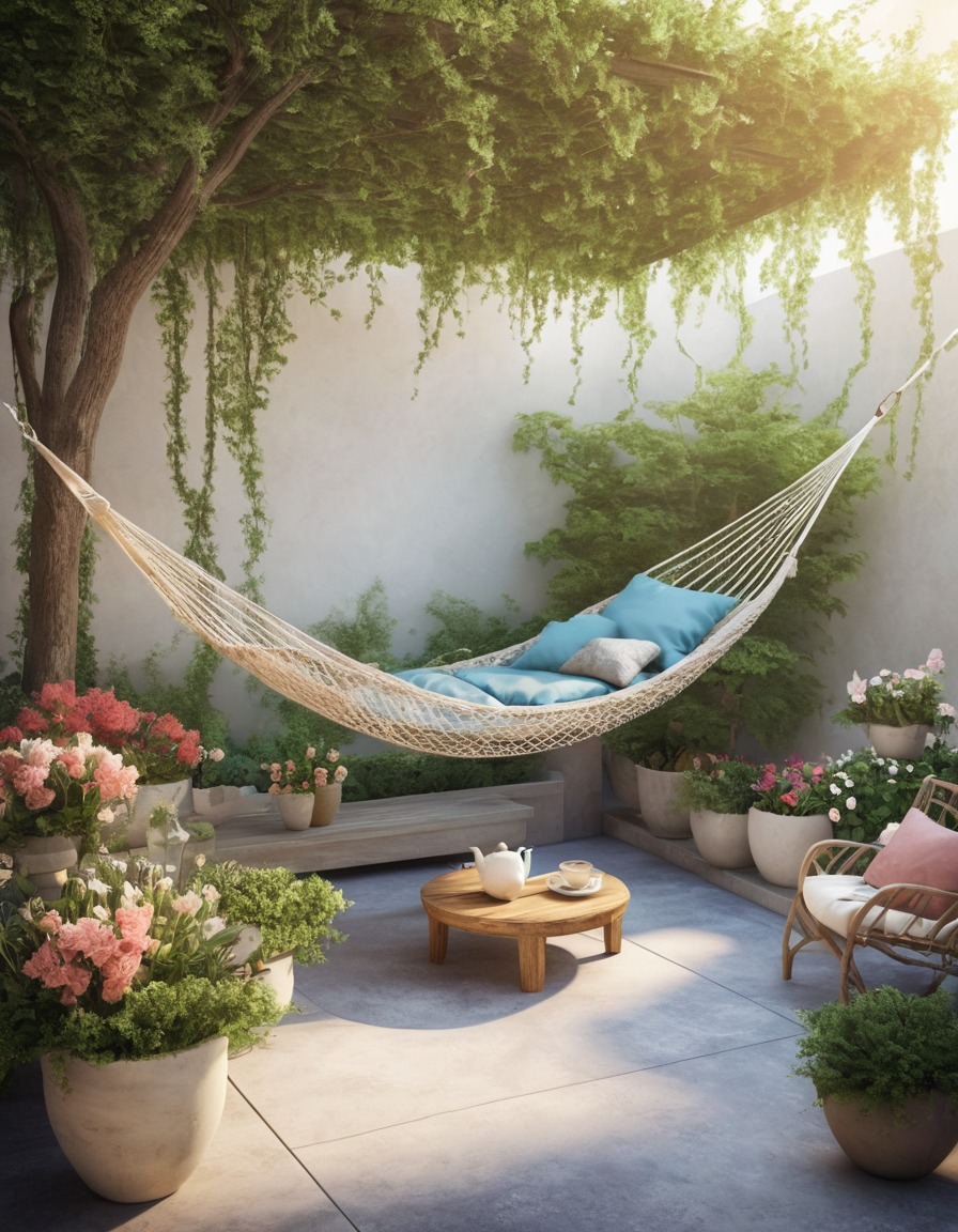 patio, hammock, flowers, tea cups, relaxation, home, interior