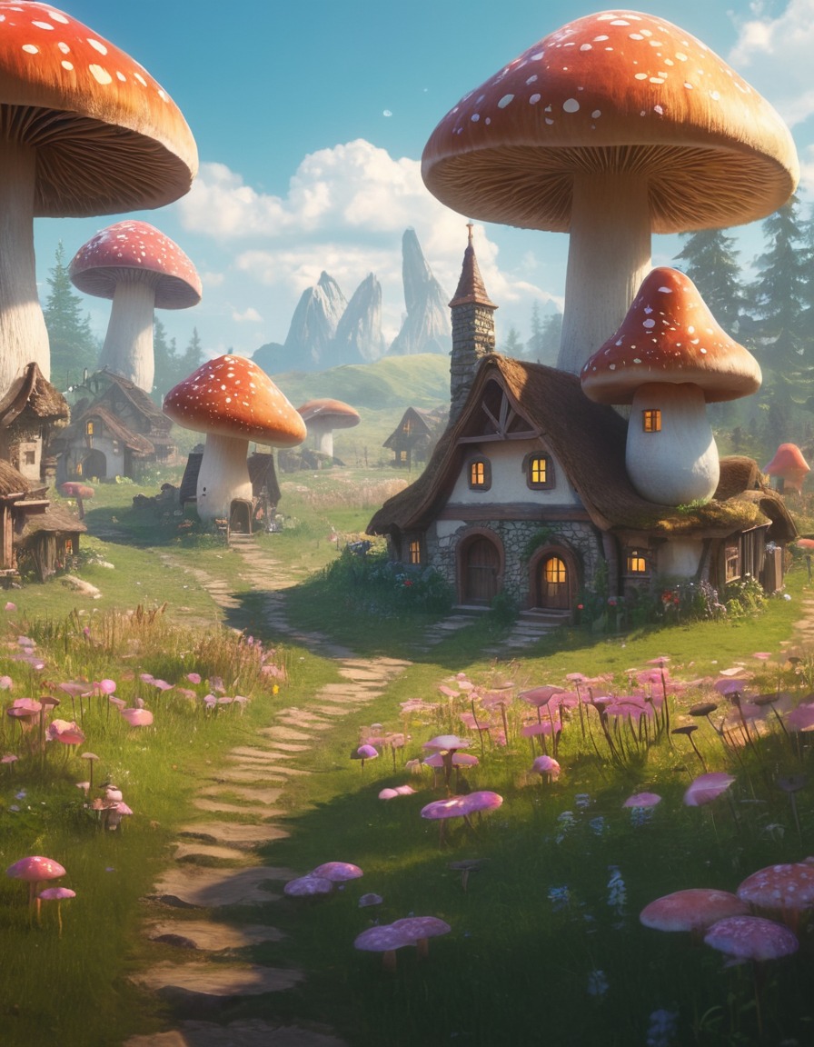 magical, village, mushrooms, meadow, fantasy, fantastic