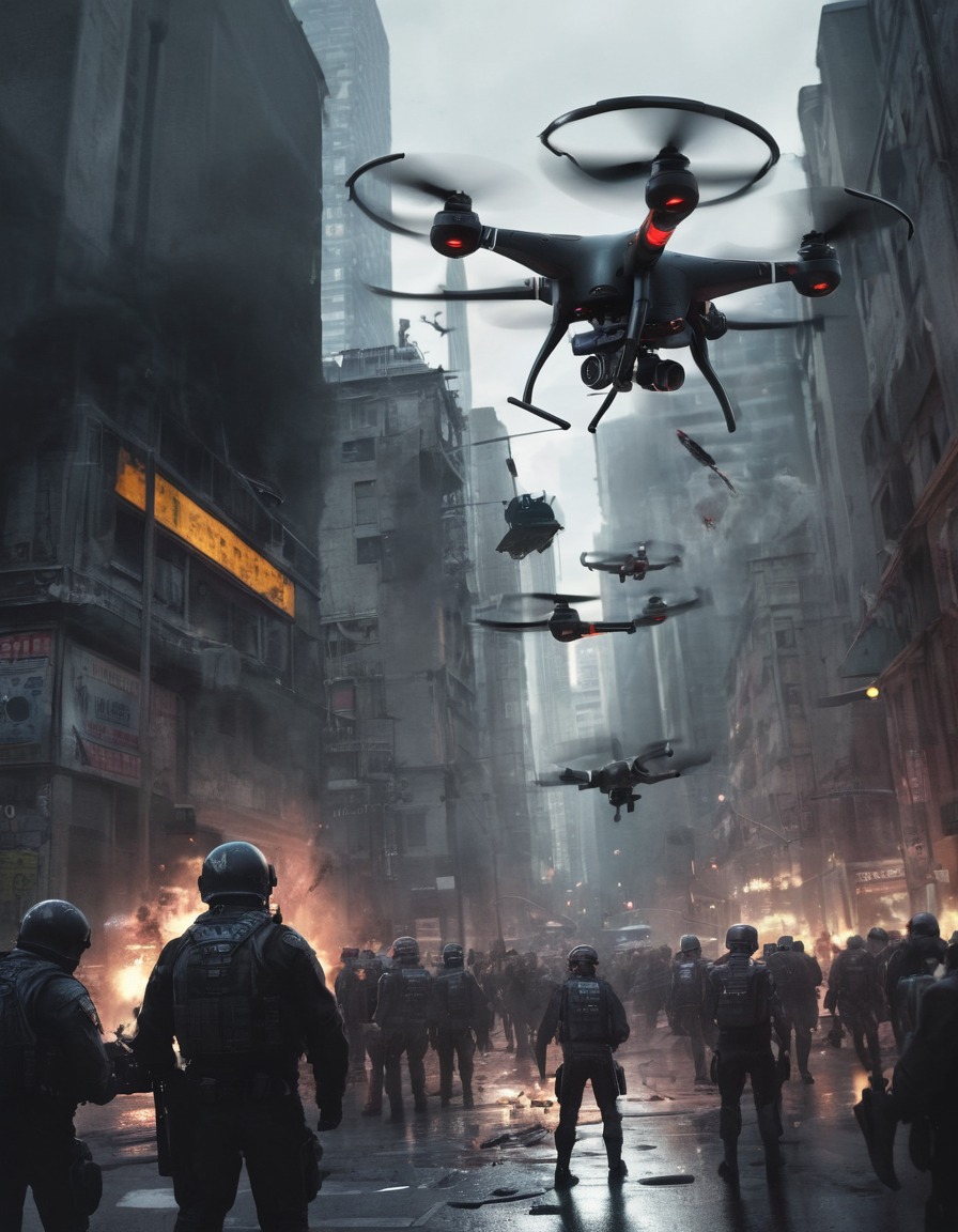 drone surveillance, clashes, rival factions, cityscape, war, usa