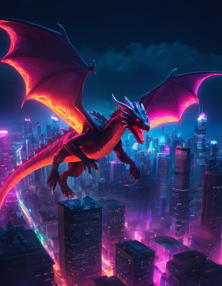 dragon, cityscape, skyscrapers, neon lights, attack, medieval, art