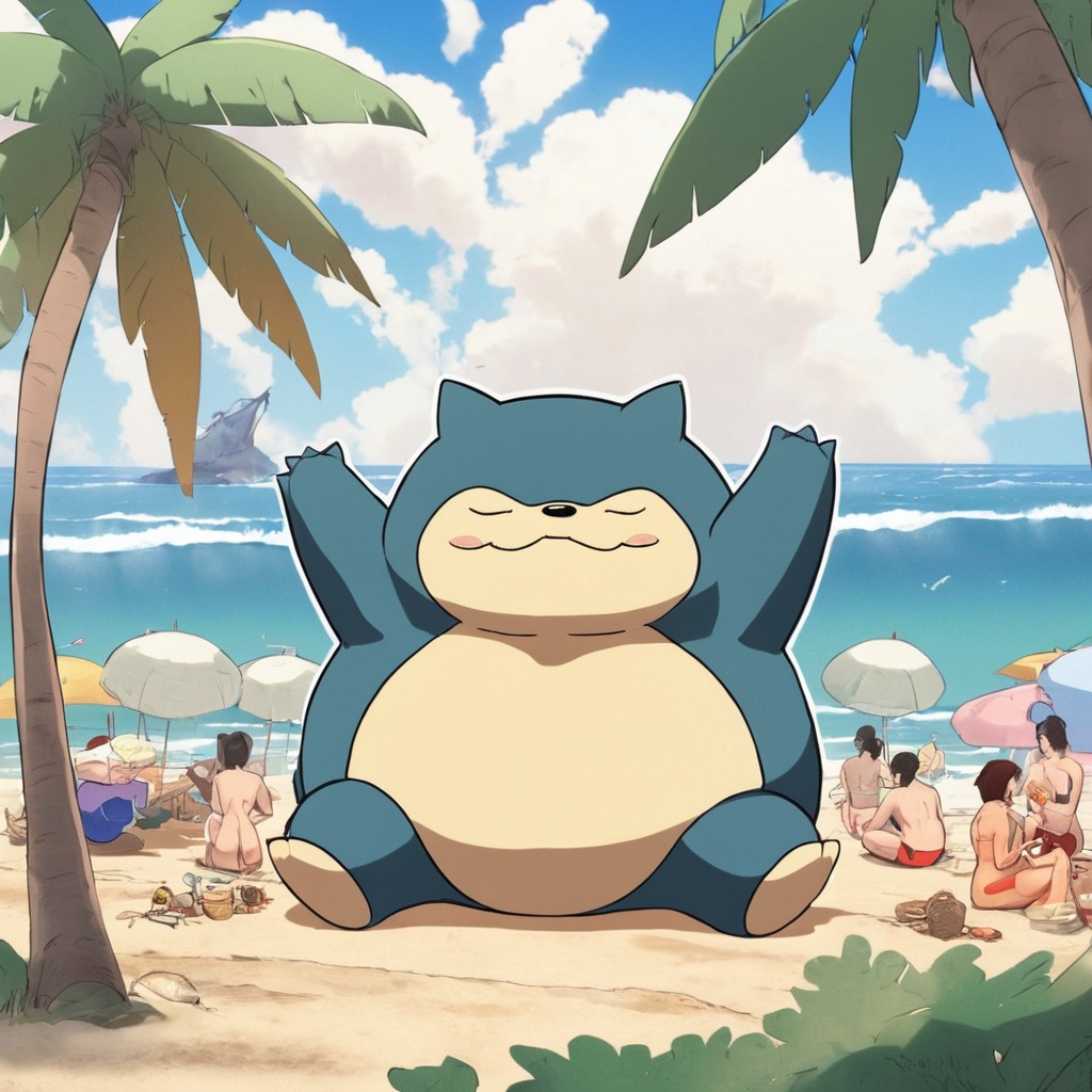 fanart, pokemon, digitalart, anime, cartoon, beach, nintendo, videogamefanart, wallpaper, snorlax