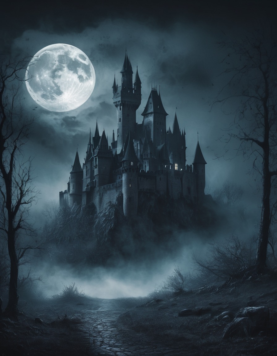 castle, mist, full moon, sinister, gothic, underground, dark