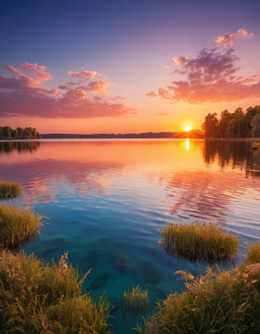 lakeside, sunset, vibrant colors, reflection, nature, serene