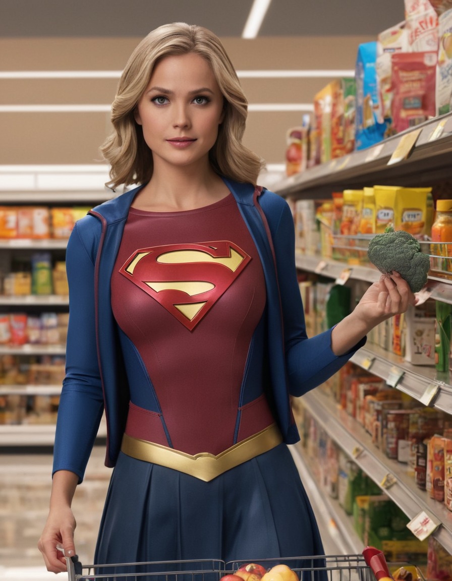 superhero, grocery shopping, civilian clothes, young woman, supergirl, superheroine, bikini