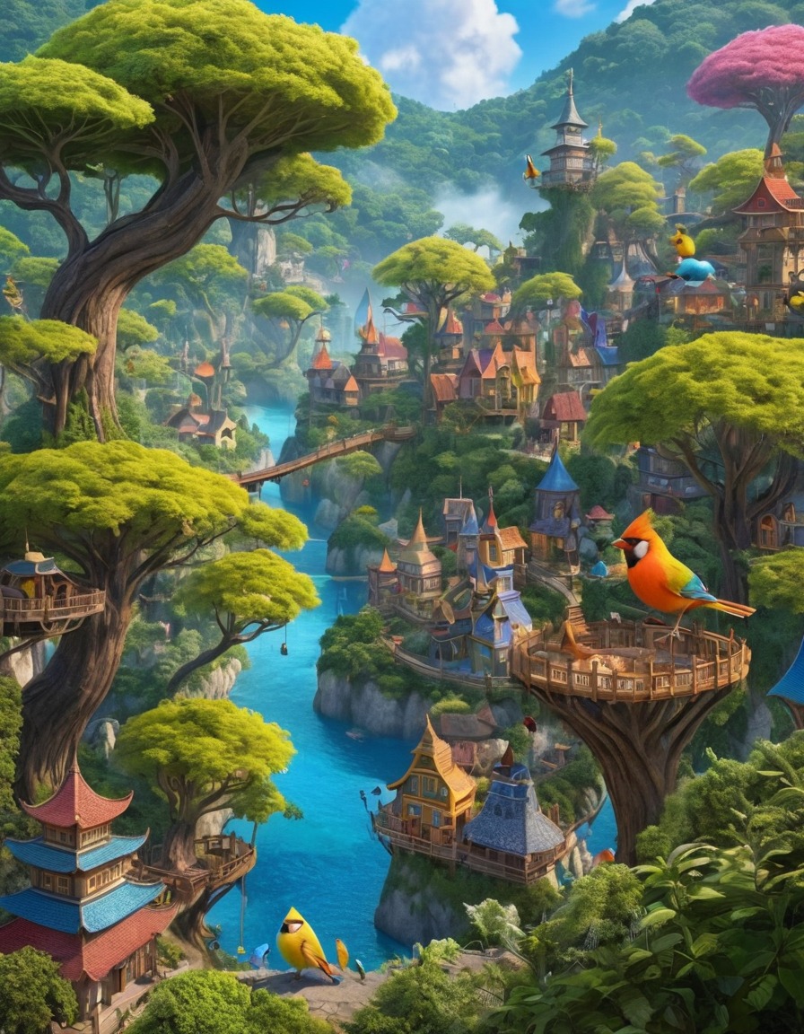 hidden village, treetops, colorful creatures, fantasy, nature, bird-like beings, fantastic