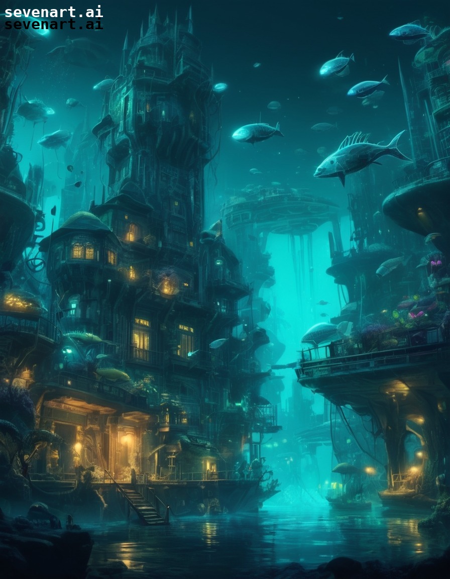 fantasy, underwater, city, sea creatures, bioluminescent