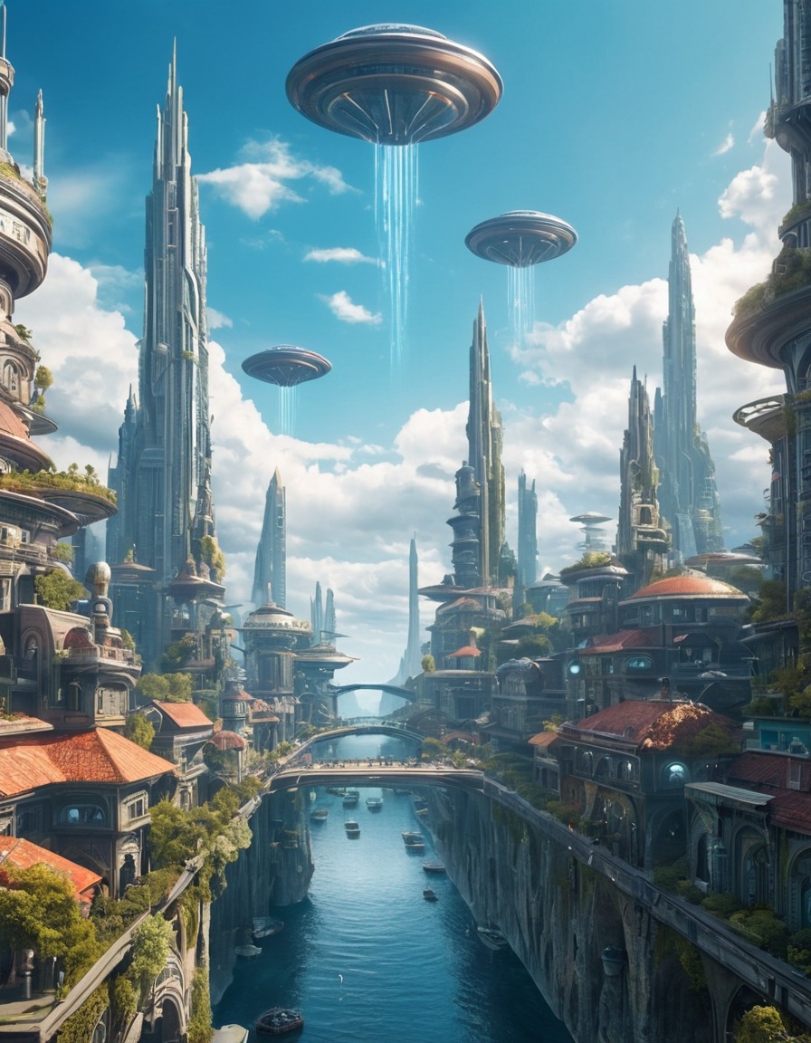 futuristic city, unique buildings, hovering spacecraft, extraterrestrial beings, sci-fi, space travel, extraterrestrial, aliens