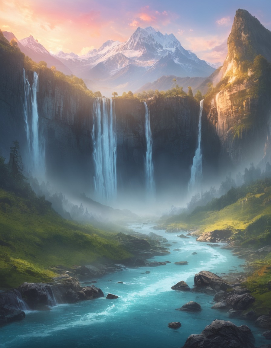 nature, sunrise, landscape, waterfalls, mountains