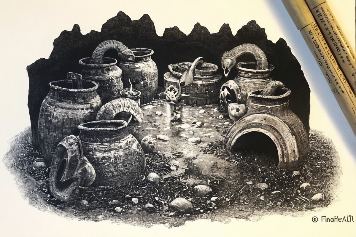 traditionalart, ink, inktober, blackandwhite, cave, frenchfries, hamburger, vessels