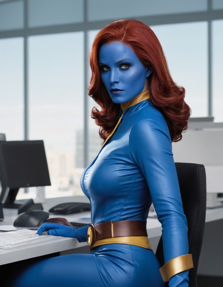 mystique, x-men, office worker, shapeshifter, marvel comics, blue skin, corporate