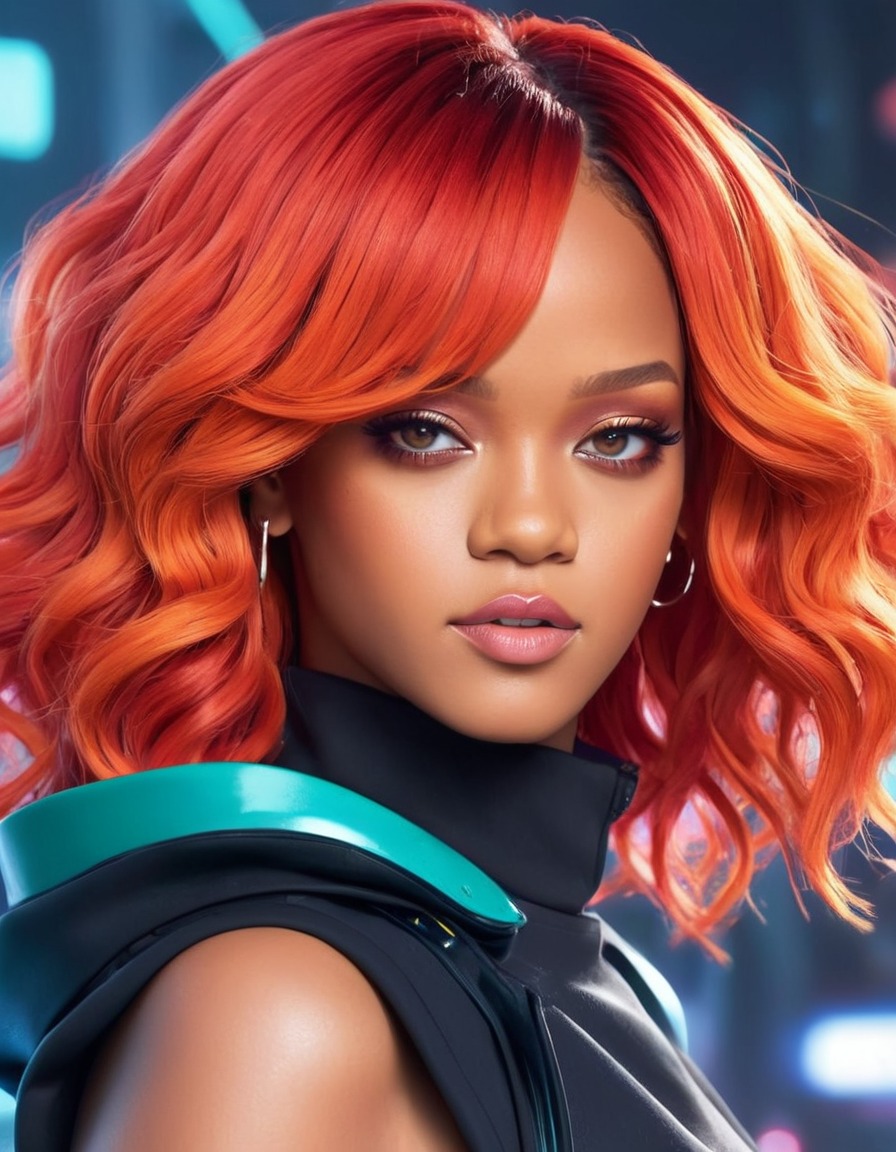 rihanna, anime, vibrant hair, futuristic fashion, pop culture