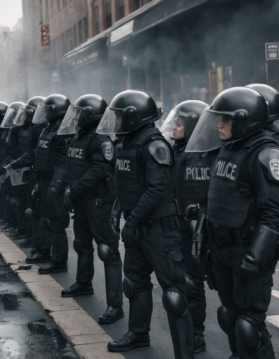 protest, police, riot gear, confrontation, urban, cityscape, war, usa