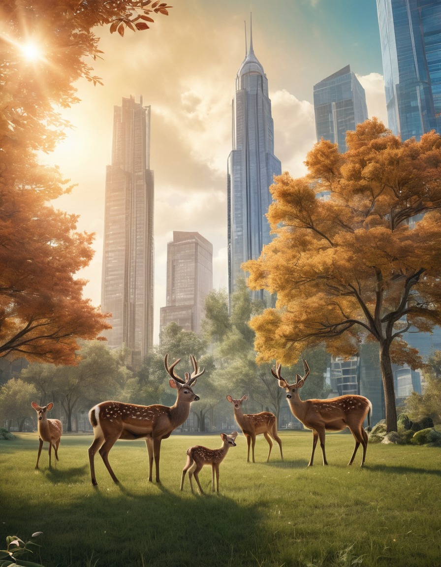 wildlife, urban landscape, deer, skyscrapers