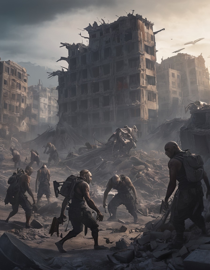 scavengers, ruins, city, post-apocalyptic, mad max