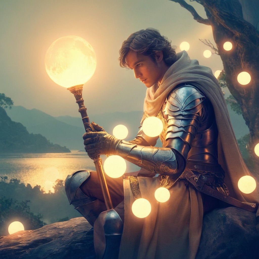 knight, digitalart, armor, blade, character, cure, dalle3, dnd, fantasy, lake, light, male, man, orbs, rest, rpg, sword, weapon, aiart