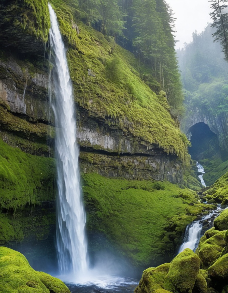 waterfall, majestic, nature, landscape, mossy cliff