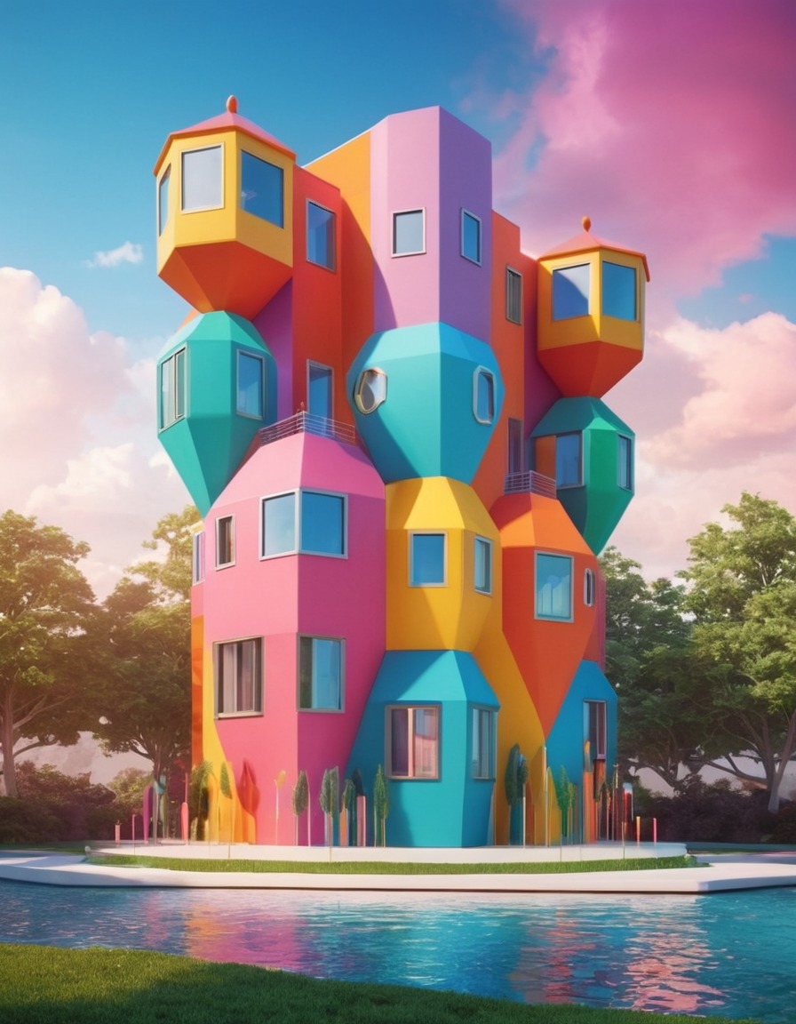 architecture, whimsical, postmodern, colorful, geometric shapes