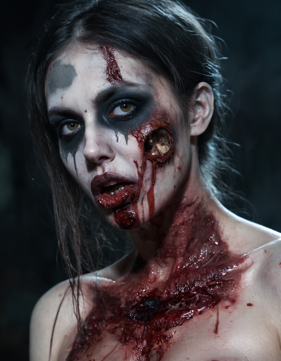 zombie, horror, undead, blood-stained lips, captivating gaze, nsfw