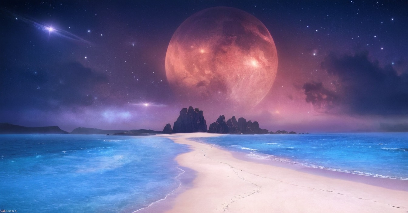 beach, digitalillustration, digitalpainting, dreamscape, fantasyillustration, sciencefictionfantasy, stars, galaxystars