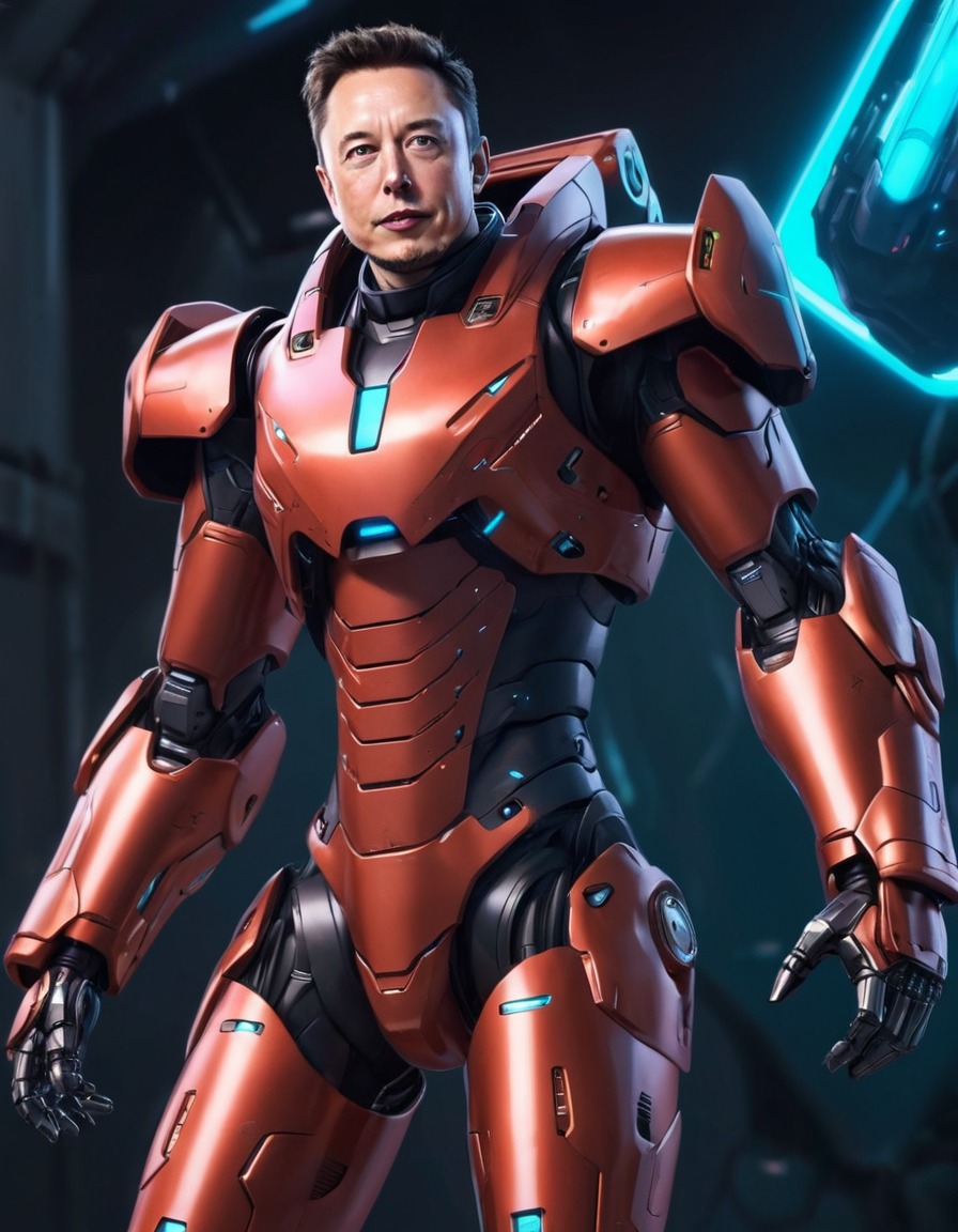 elon musk, anime, mech suit, futuristic, technology