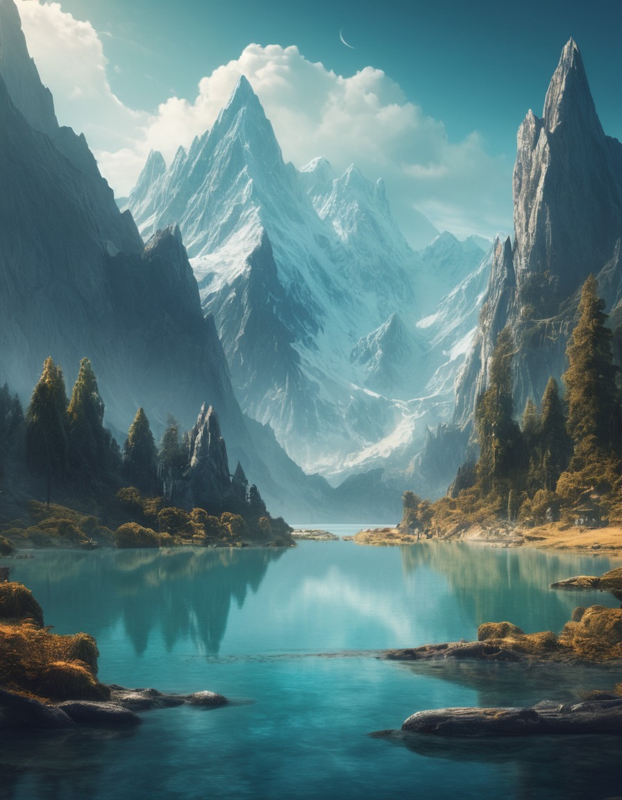 fantasy, mythical creatures, lake, mountains, mystical, fantastic