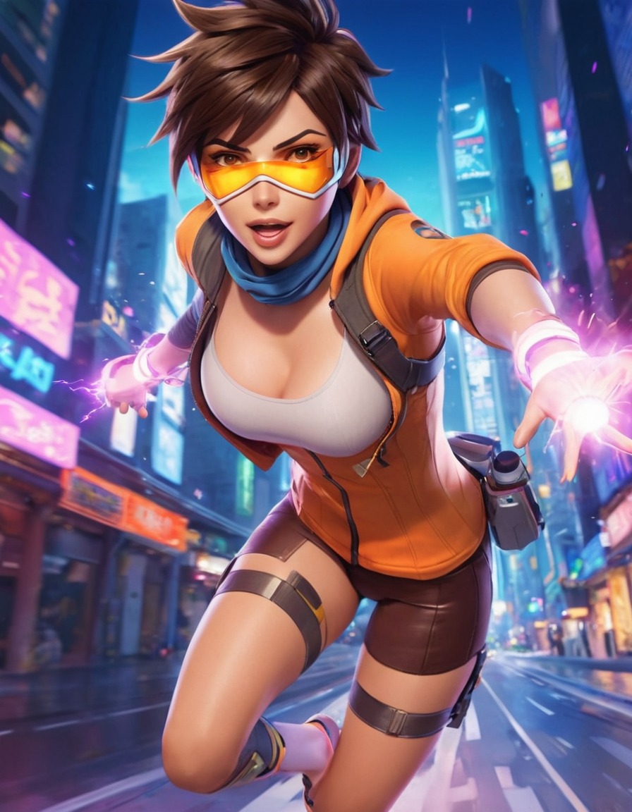 tracer, overwatch, futuristic, cityscape, speed, sci-fi, anime, games