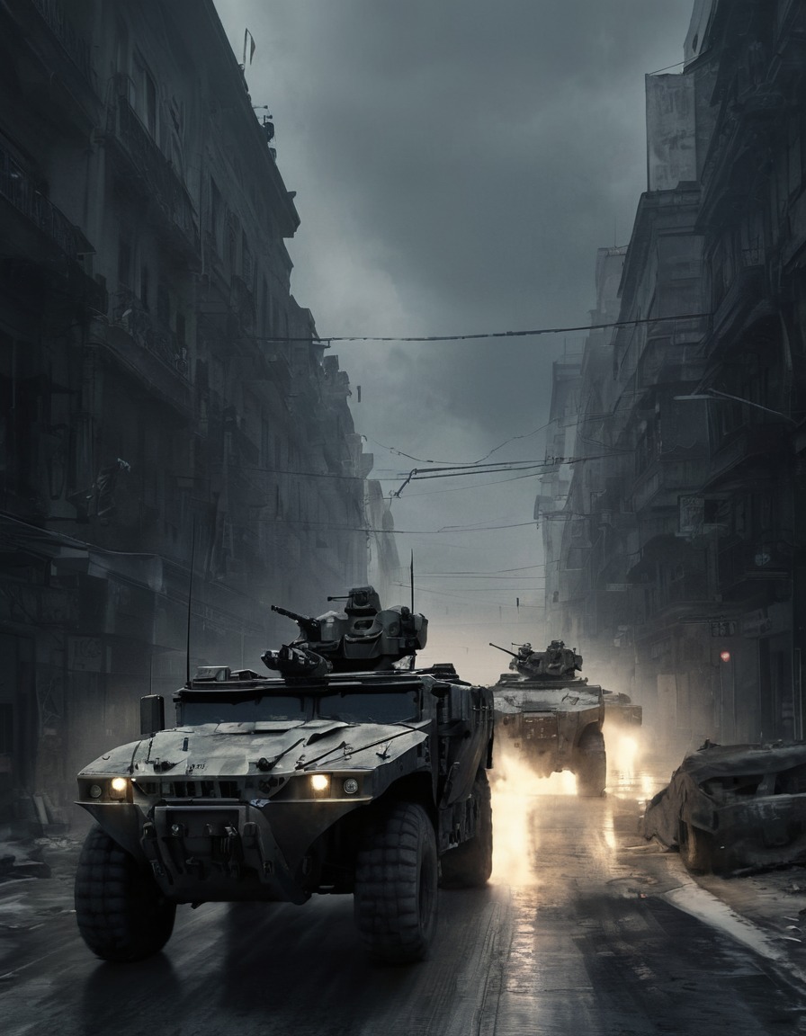 military vehicles, downtown, patrolling, security, urban warfare, war, usa