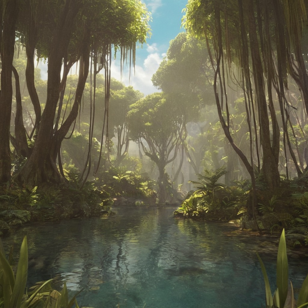 digitalart, fantasyart, waterfall, dreamup, plants, mangrove, swamp, ai_art